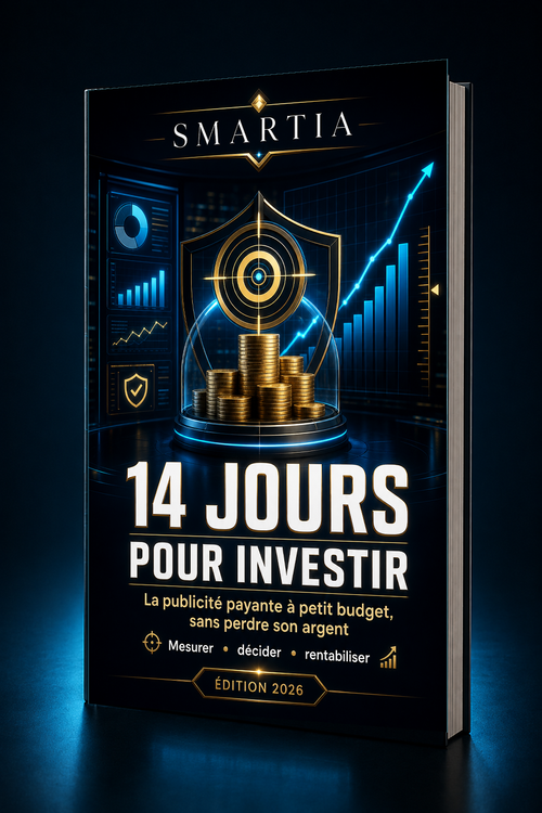 Mockup 3D incliné premium — 14 jours pour investir — La publicité payante à petit budget, sans perdre son argent