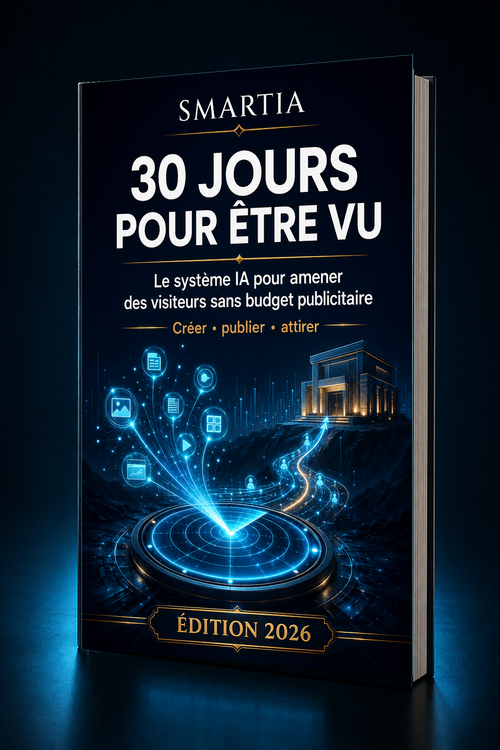 Mockup 3D incliné premium — 30 jours pour être vu — Le système IA pour amener des visiteurs sans budget pub