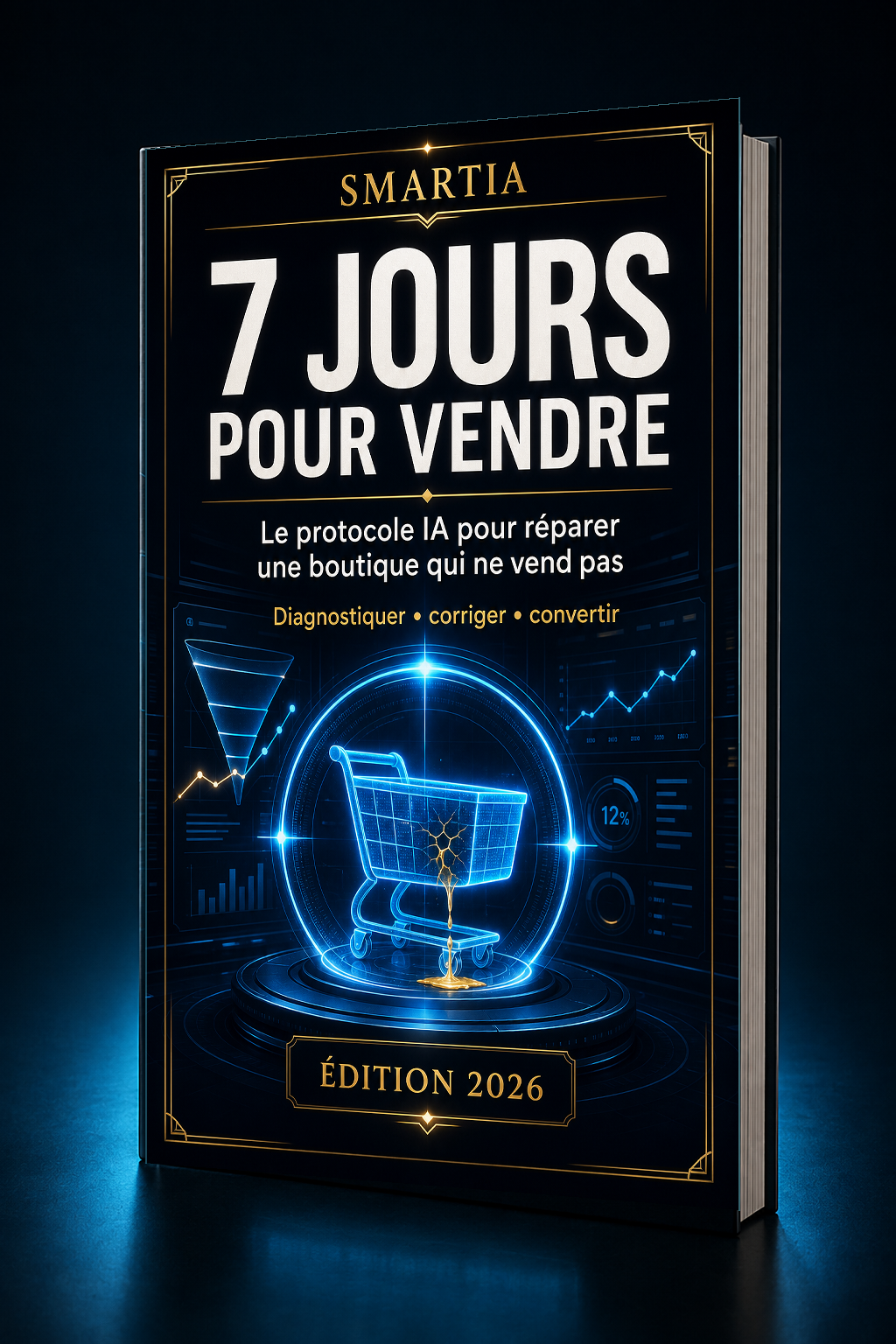Mockup 3D incliné premium — 7 jours pour vendre — Le protocole IA pour une boutique en ligne qui ne vend pas