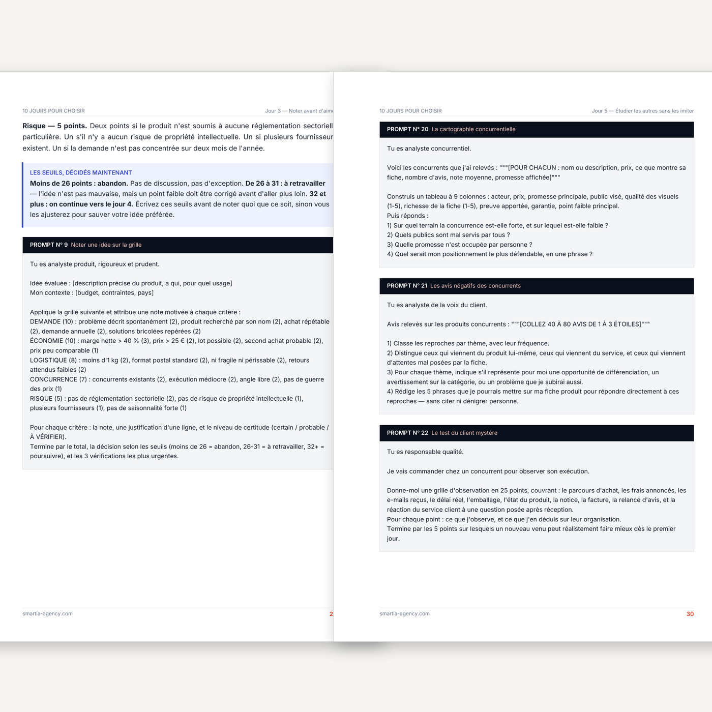 Deux pages intérieures du guide montrant des prompts prêts à copier-coller