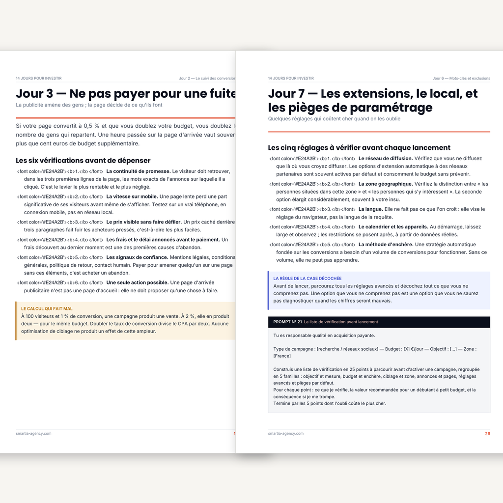 Deux pages intérieures du guide montrant des prompts prêts à copier-coller