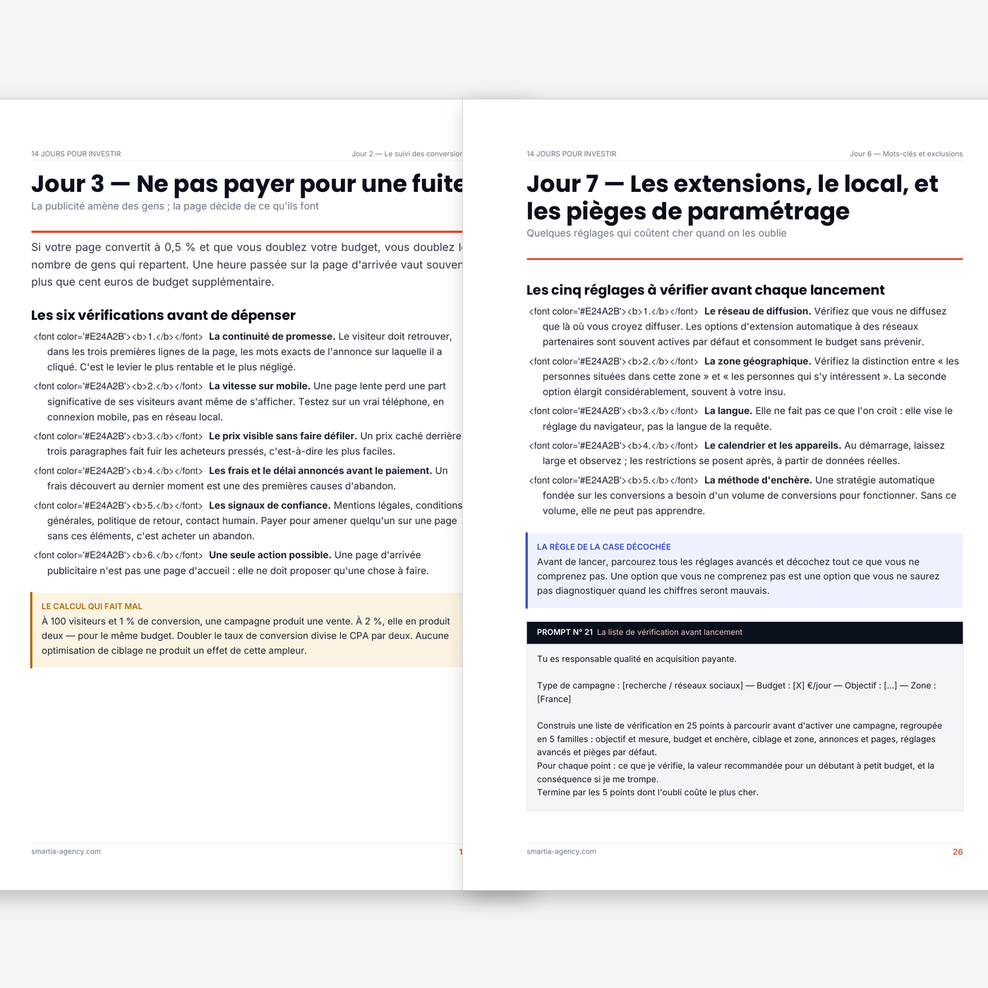 Deux pages intérieures du guide montrant des prompts prêts à copier-coller