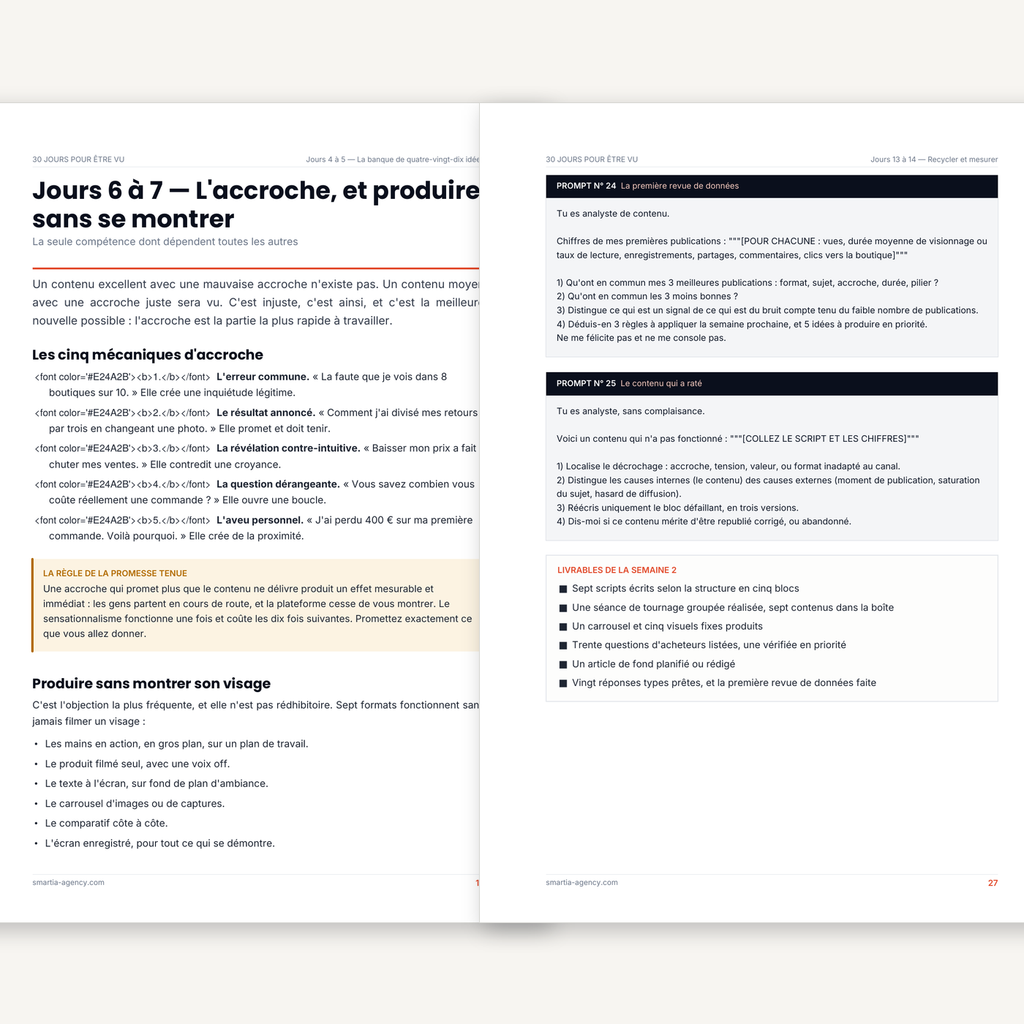 Deux pages intérieures du guide montrant des prompts prêts à copier-coller