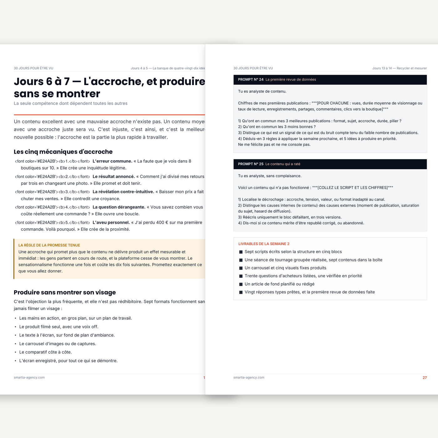 Deux pages intérieures du guide montrant des prompts prêts à copier-coller