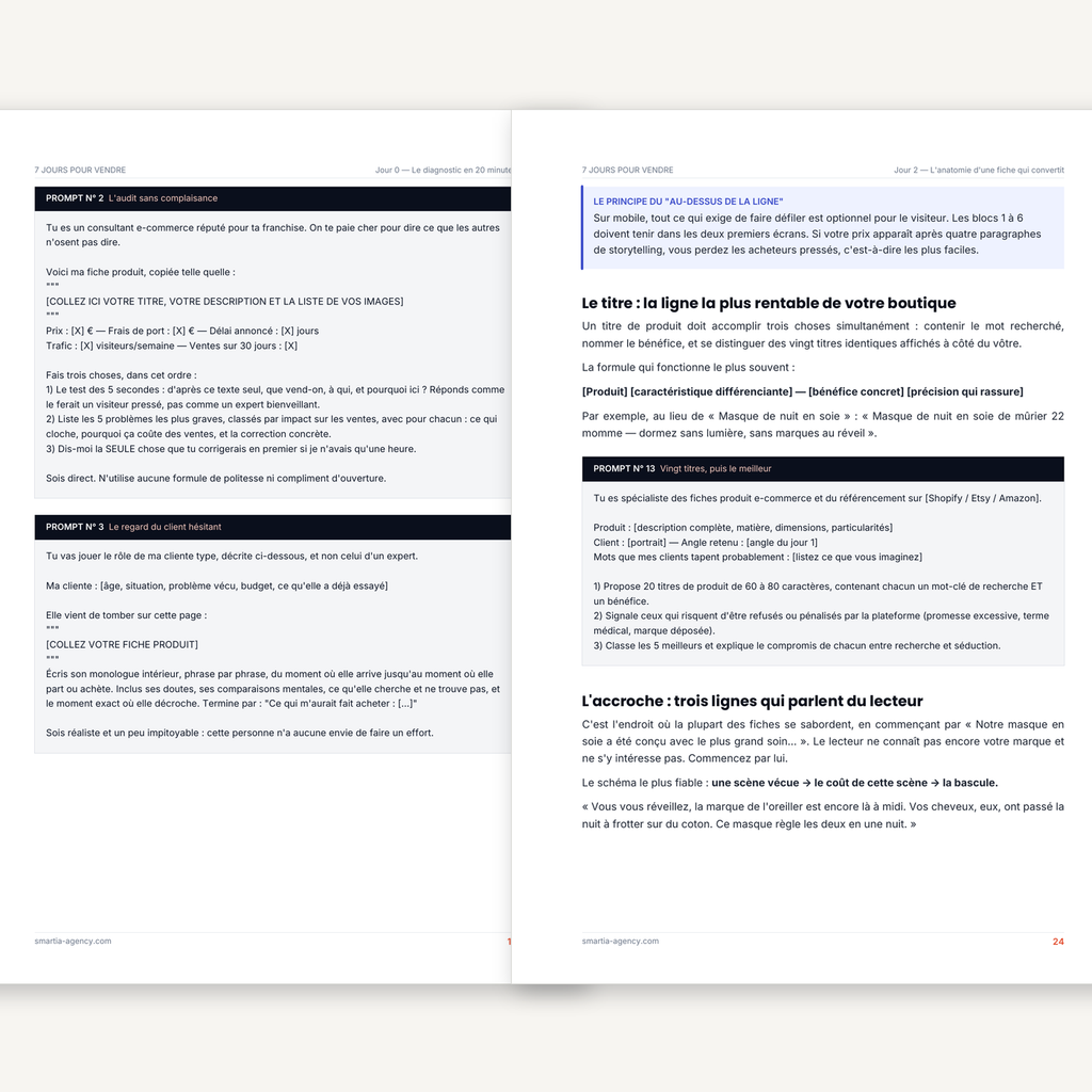 Deux pages intérieures du guide montrant des prompts prêts à copier-coller