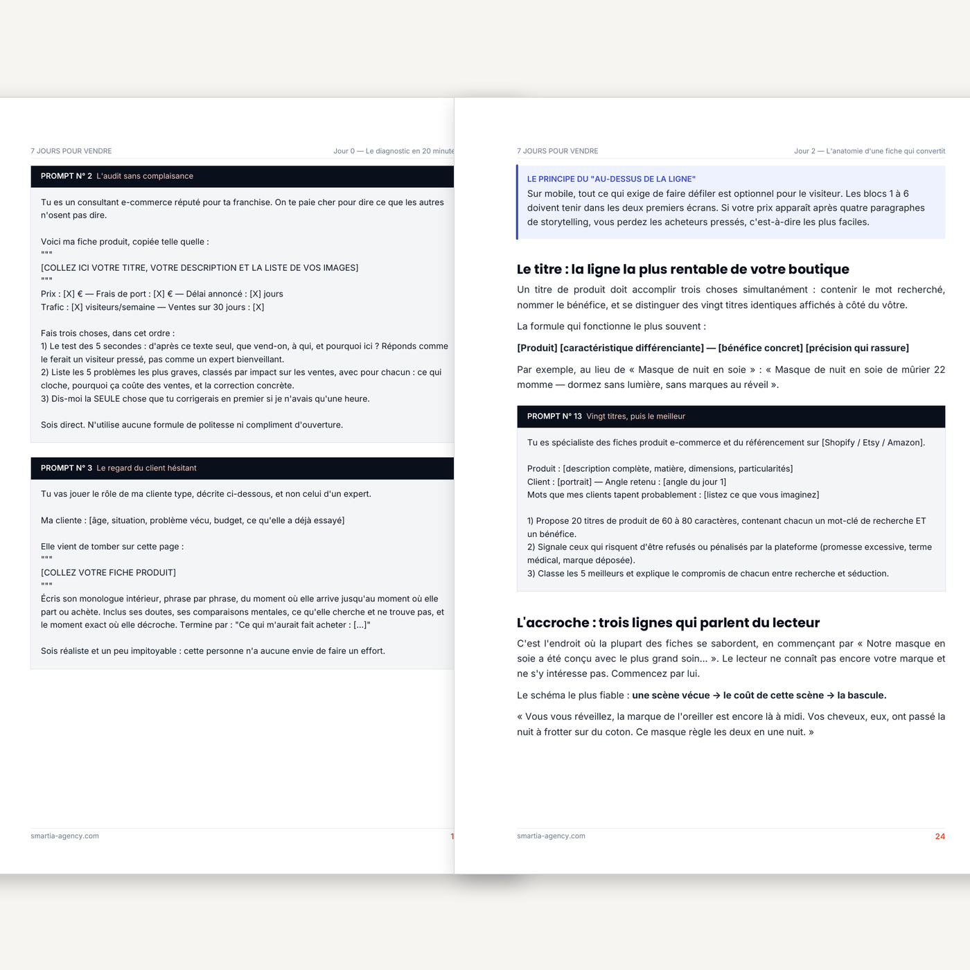 Deux pages intérieures du guide montrant des prompts prêts à copier-coller