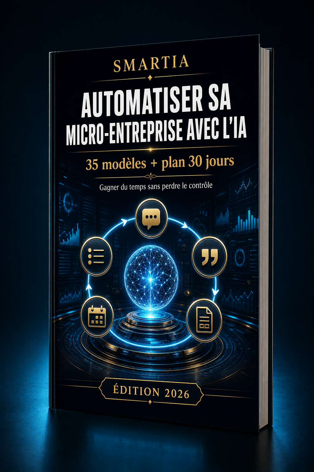 Mockup 3D incliné premium — Automatiser sa micro-entreprise avec l'IA — 35 modèles + plan 30 jours