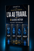 Mockup 3D incliné premium — L'IA au travail — Collection 4 guides métier (Immobilier, Freelances, Coachs, Artisans)