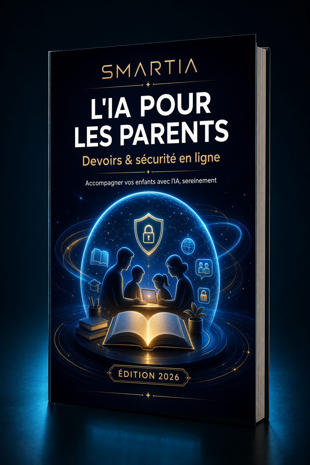 Mockup 3D incliné premium — L'IA pour les parents — Devoirs & sécurité en ligne