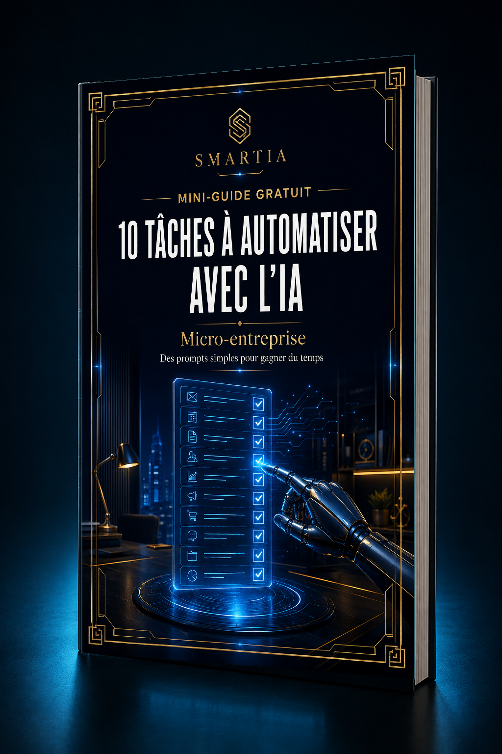 Mockup 3D incliné premium — Mini-guide gratuit : 10 tâches à automatiser avec l'IA