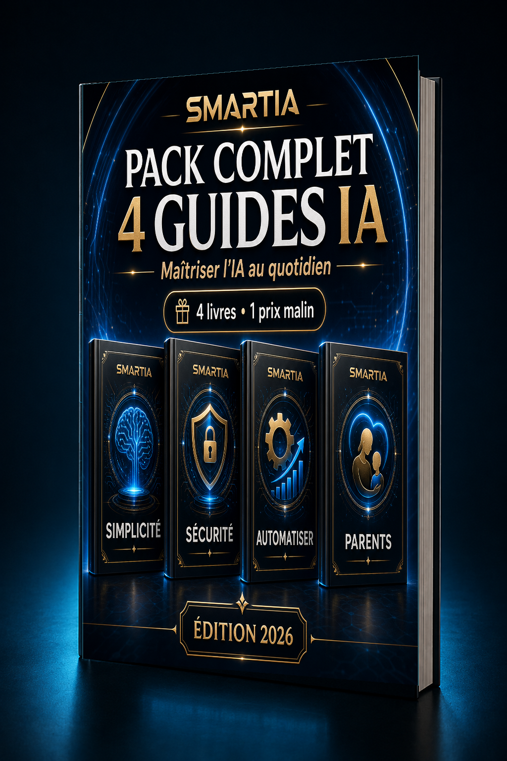 Mockup 3D incliné premium — Pack 4 eBooks IA — ChatGPT, Arnaques & Deepfakes, Micro-entreprise, Parents