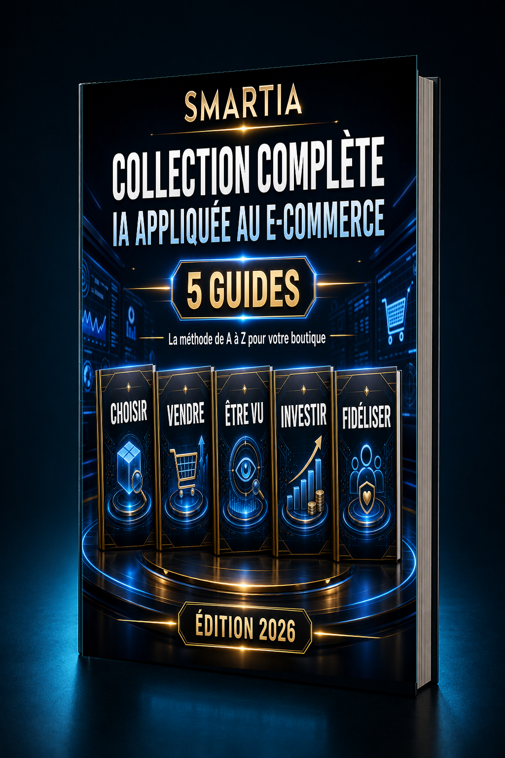 Mockup 3D incliné premium — Pack IA appliquée — Les 5 guides e-commerce (302 pages, 260 prompts)