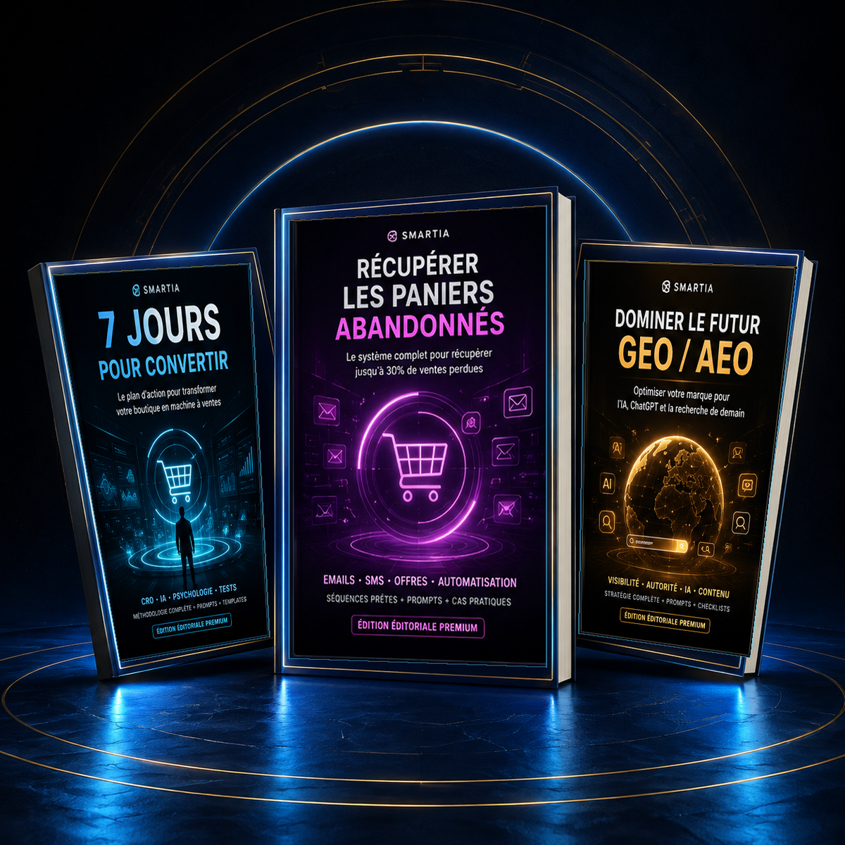 Pack Performance e-commerce & IA — 3 e-books premium en mockup 3D