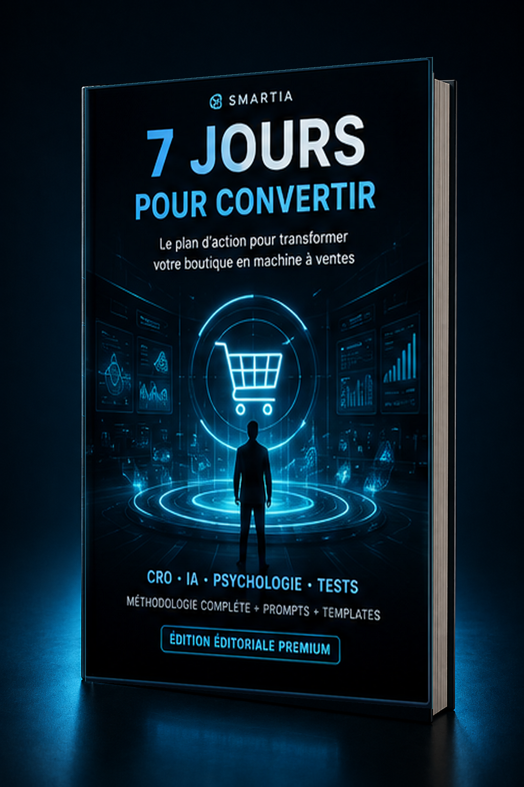 Mockup 3D incliné premium — 7 jours pour convertir — Le manuel CRO + IA e-commerce
