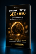 Mockup 3D incliné premium — Devenir la réponse — GEO/AEO & visibilité dans les IA