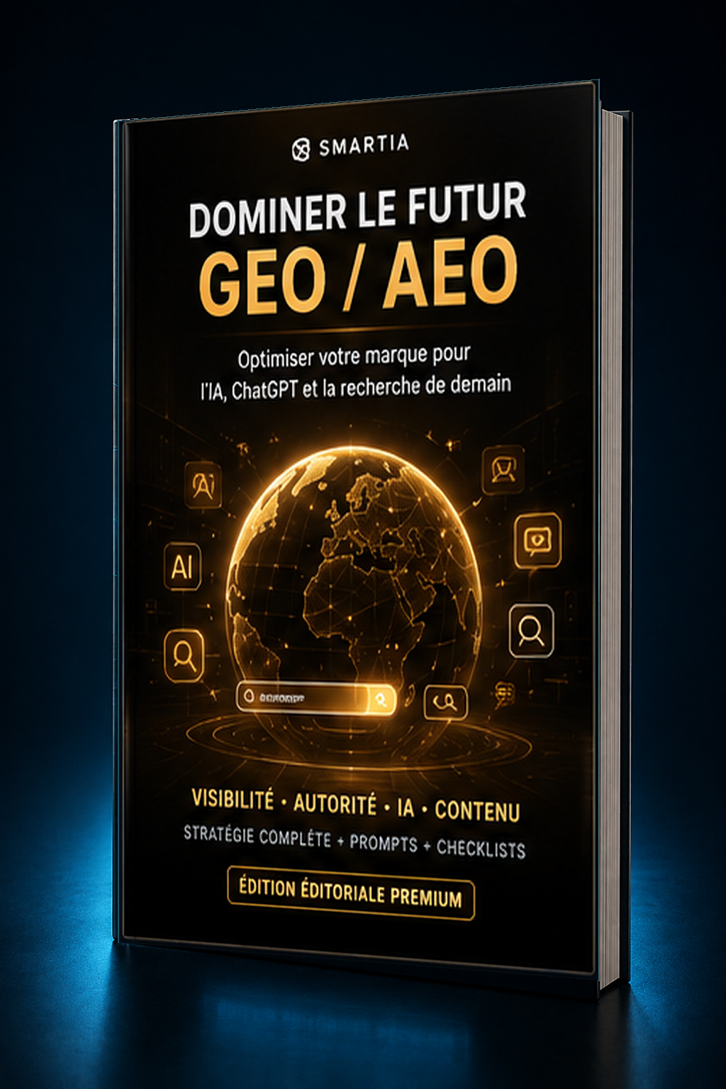 Mockup 3D incliné premium — Devenir la réponse — GEO/AEO & visibilité dans les IA